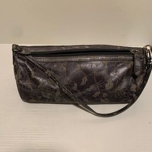 Cole Haan mini barrel handbag pewter matte metallic with floral print.